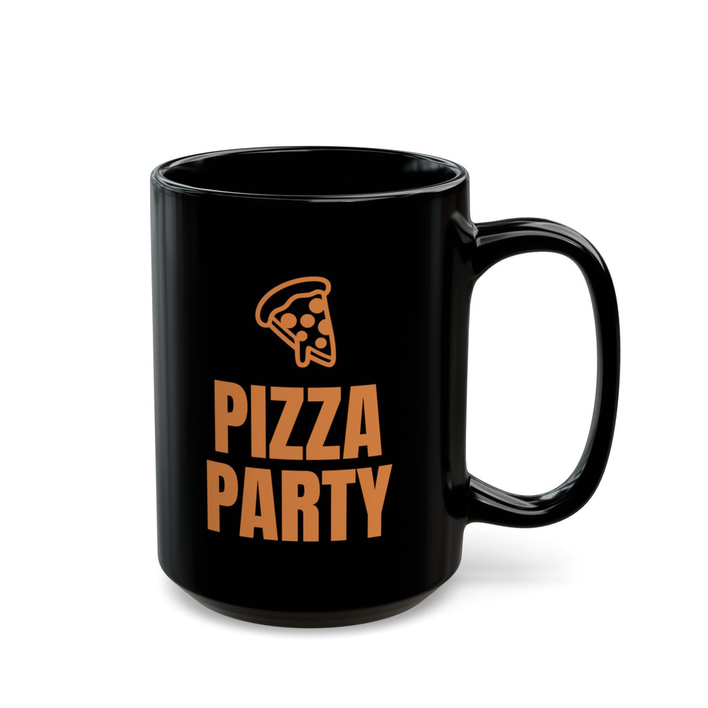 Holiday Bonus Pizza Party mug in black, 15oz, punchline side: PIZZA PARTY