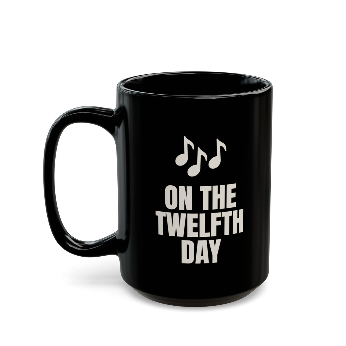 On the Twelfth Day Merge Conflicts mug in black, 15oz, setup side: ON THE TWELFTH DAY