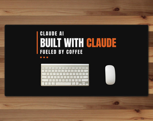 Black 16 x 32 inch desk mat that reads "Claude AI / Built with Claude, fueled by coffee", on a wood desk with a keyboard and mouse below the joke