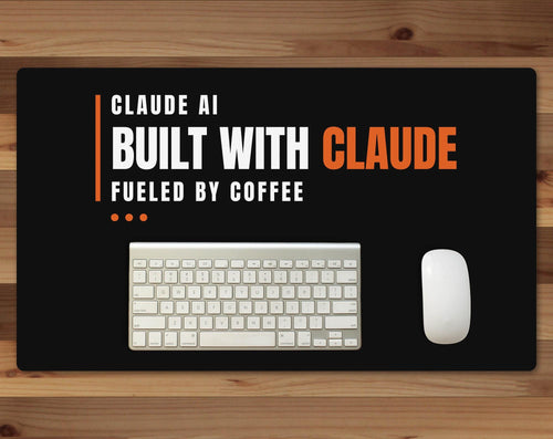 Black 24 x 14 inch desk mat that reads "Claude AI / Built with Claude, fueled by coffee", on a wood desk with a keyboard and mouse below the joke