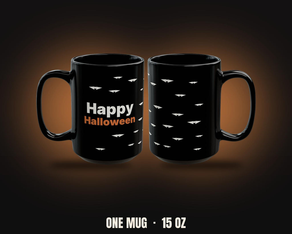 Happy Halloween Coffee Mug | White Bats on Black | Dry Humor Halloween Seasonal Mug