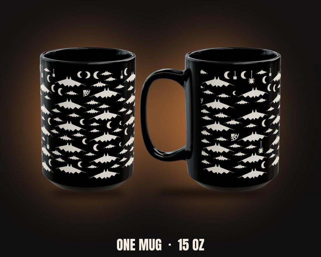 Bats & Spiders Wallpaper Mug | Cream on Black Halloween Coffee Mug 15oz