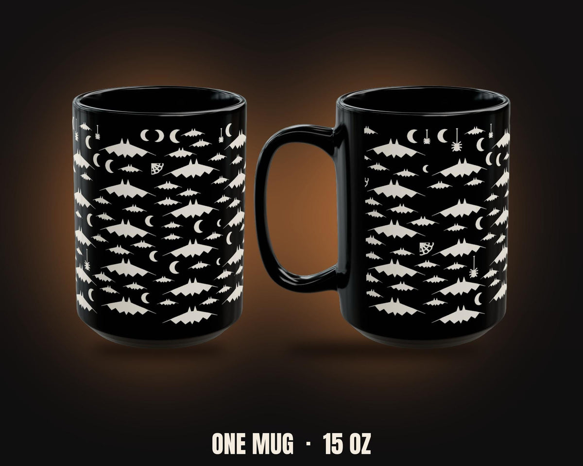 Bats & Spiders Wallpaper Mug | Cream on Black Halloween Coffee Mug 15oz