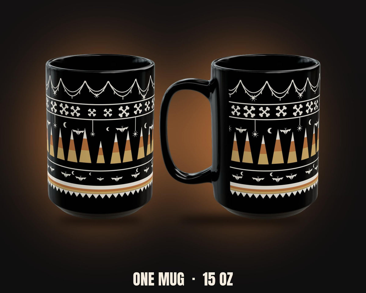 Spiderweb Bones Bats and Candy Corn Banded Halloween Mug | Cream on Black Coffee Mug 15oz