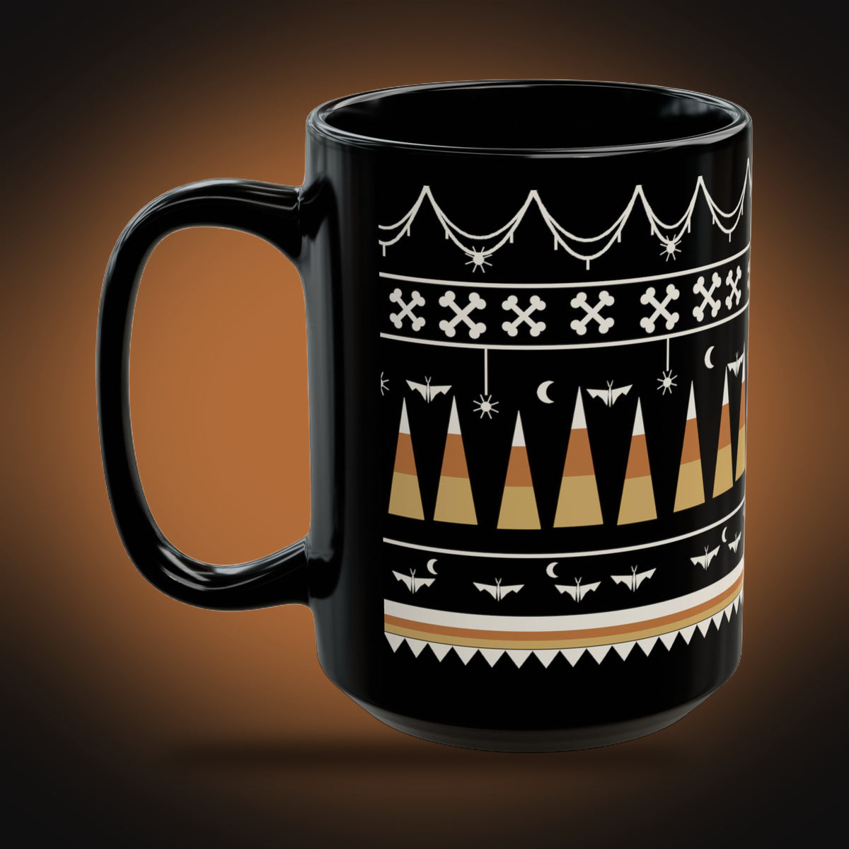 Spiderweb, Bones, Bats and Candy Corn Banded Mug (left view)