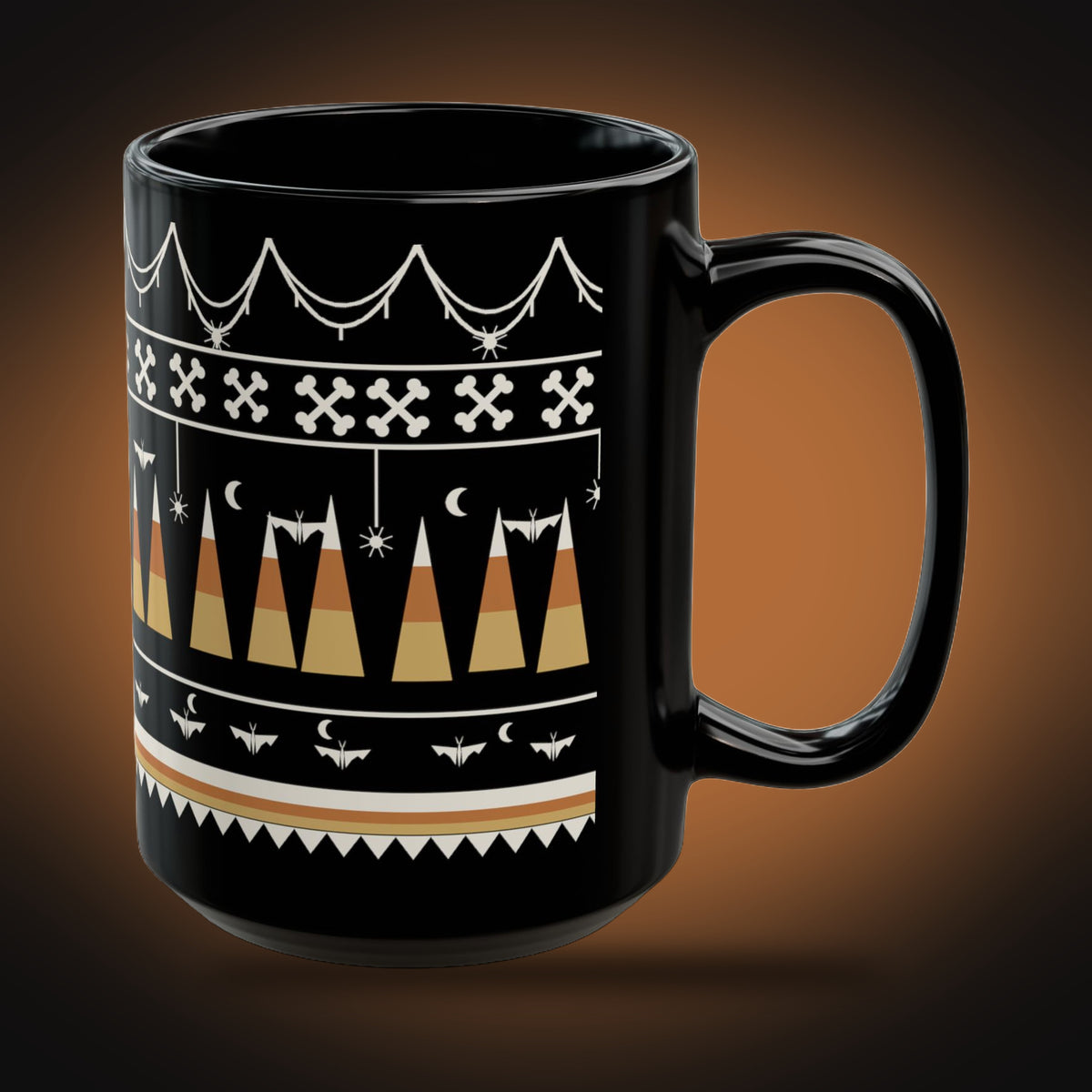 Spiderweb, Bones, Bats and Candy Corn Banded Mug (right view)