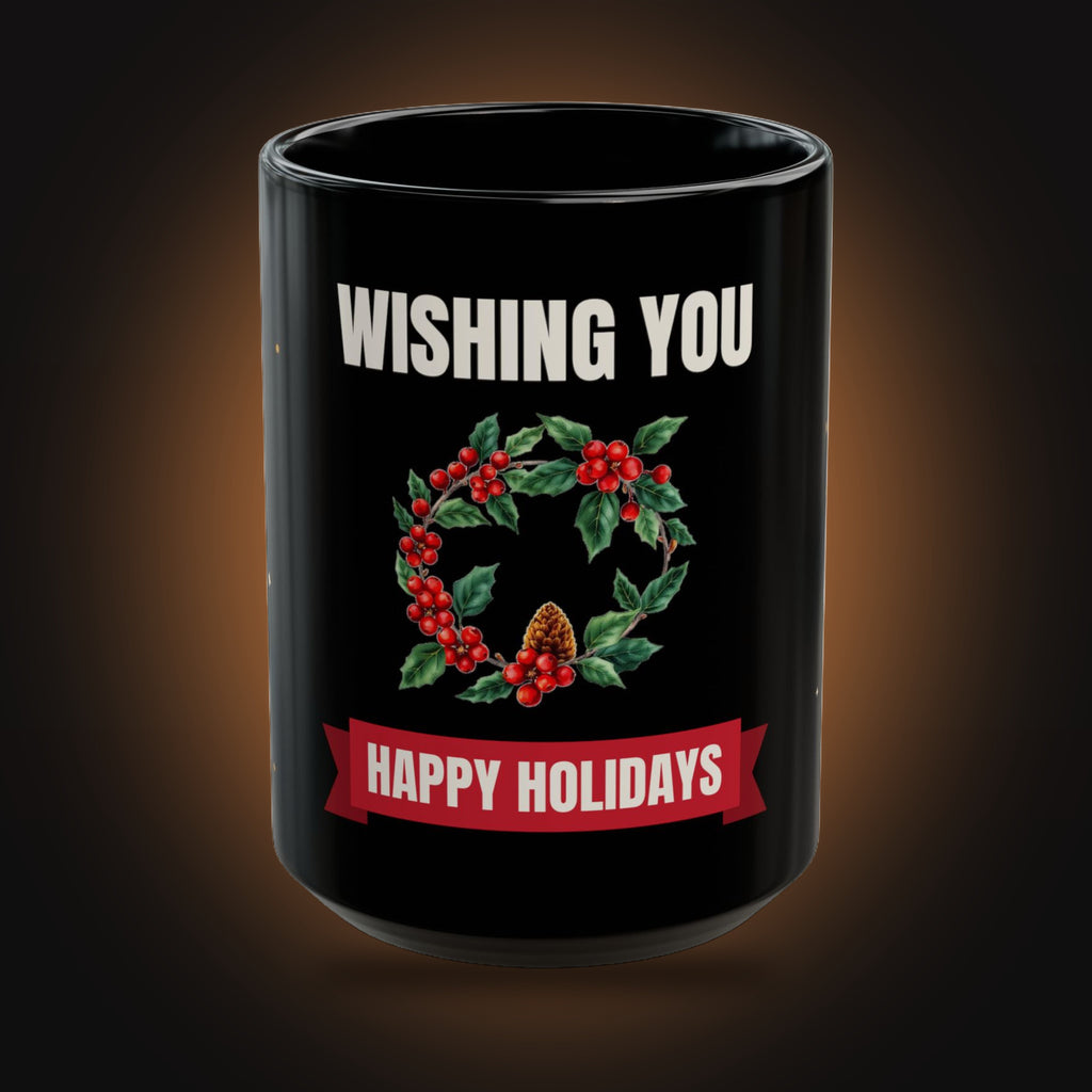 Happy Holidays Wreath Mug (Black) (front view)