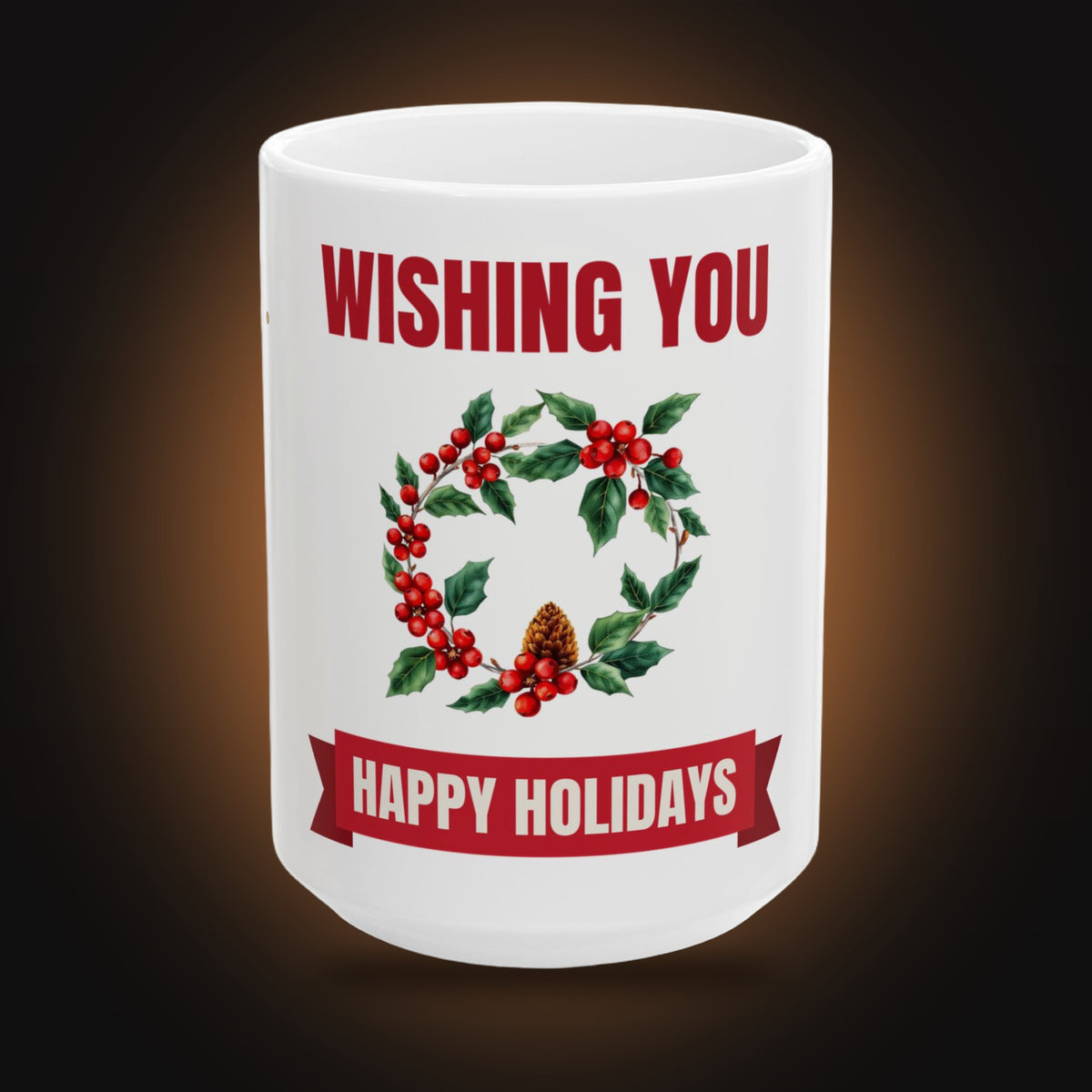 Happy Holidays Wreath Mug (White) (front view)
